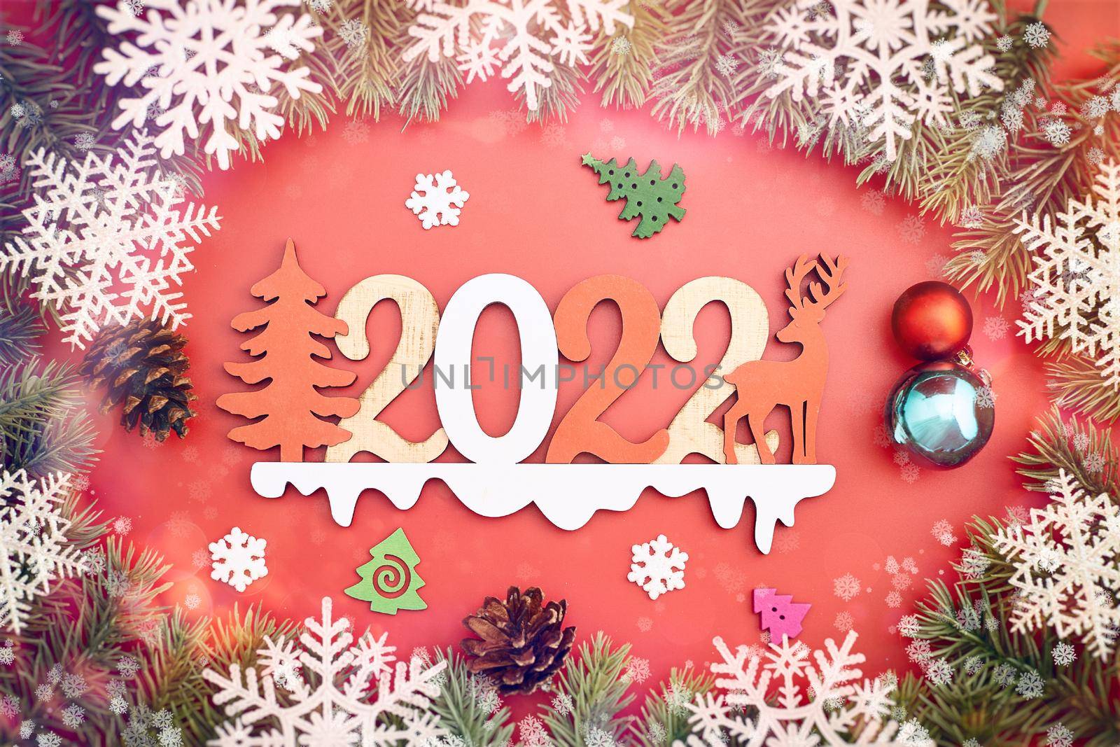 Christmas holidays composition on red background with copy space for your text 2022 by Maximusnd