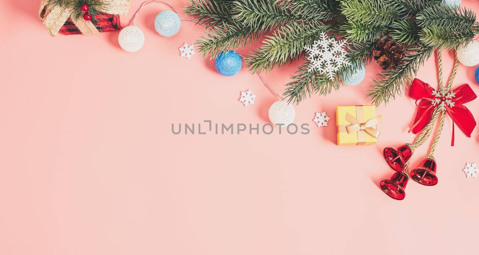 Christmas background with fir tree and decor. Top view with copy space ,  Christmas composition. by Maximusnd