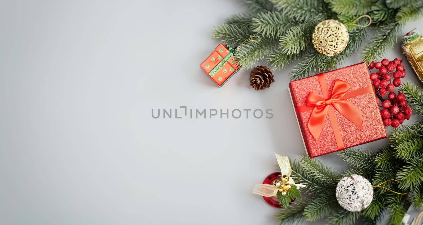Christmas composition. Frame made of pine branches , Flat lay, top view, copy space by Maximusnd
