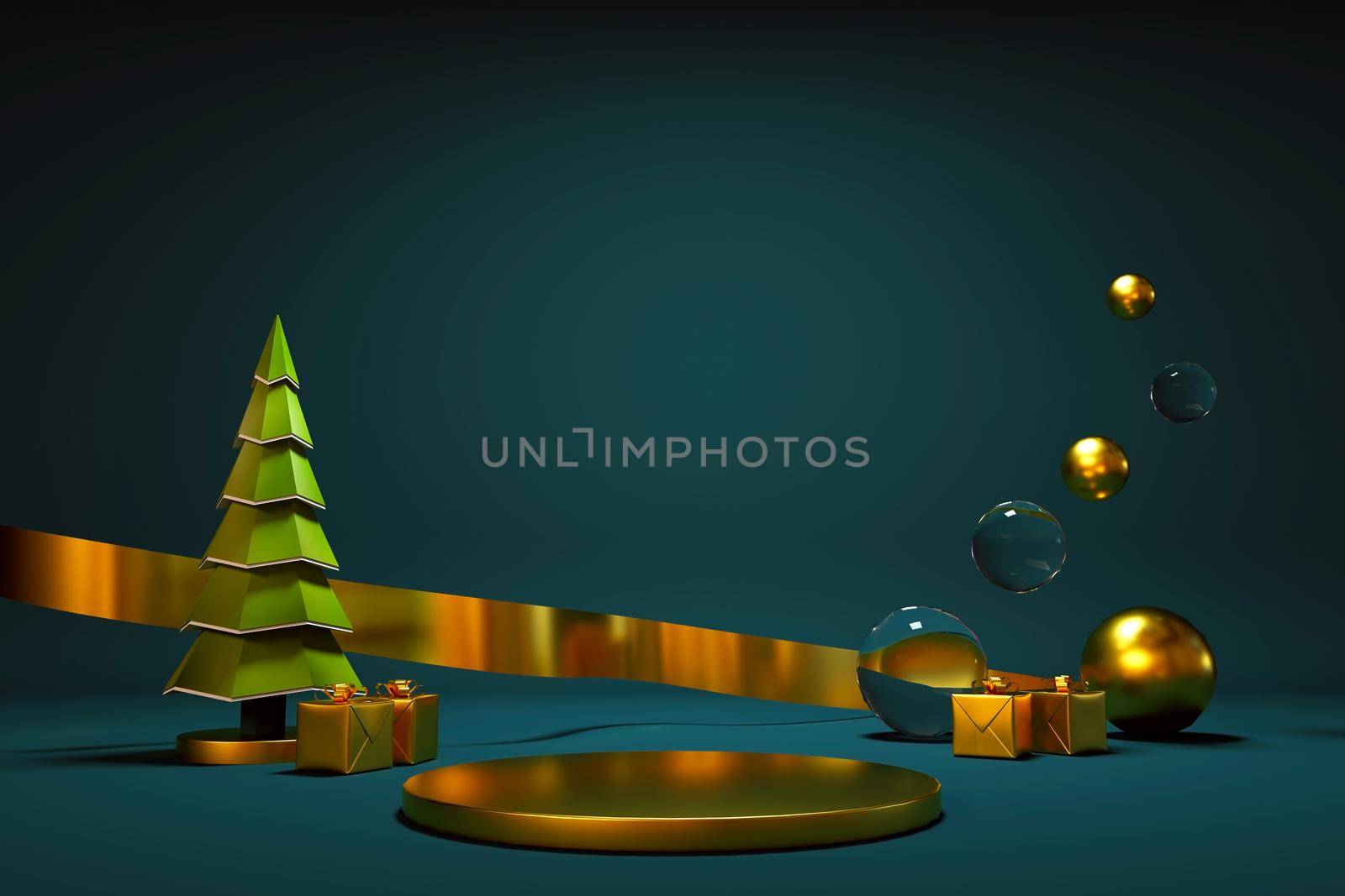 Realistic 3D illustration of a Christmas tree and decorations for the new year. Festive Christmas card. Gold ribbon, confetti, balloons and a Christmas tree on a dark isolated background. 3D graphics