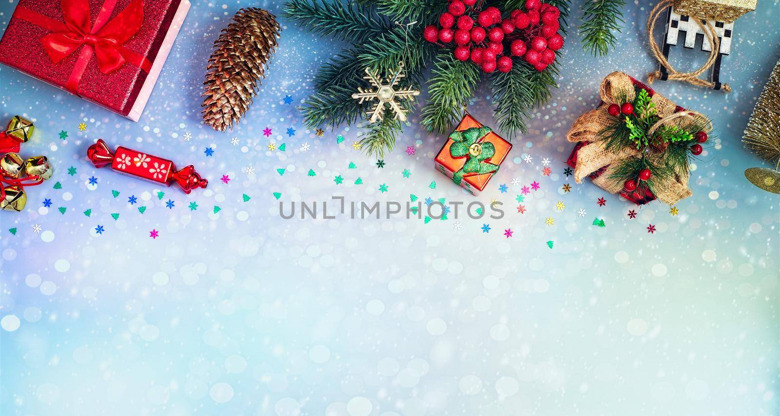 Winter holiday tree decoration for christmas and new year bright banner by Maximusnd