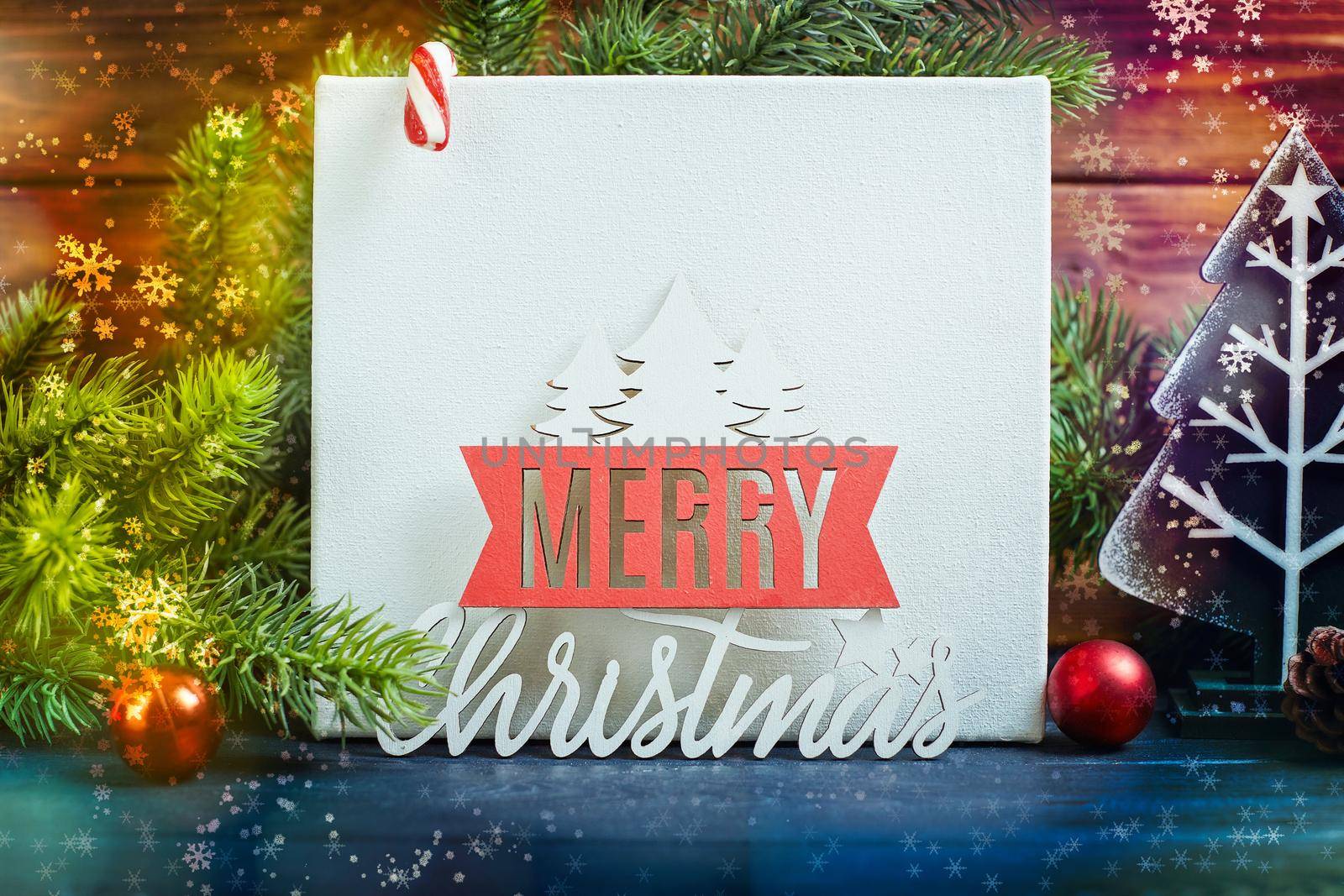 Merry christmas card. Christmas background with xmas tree and sparkle bokeh lights