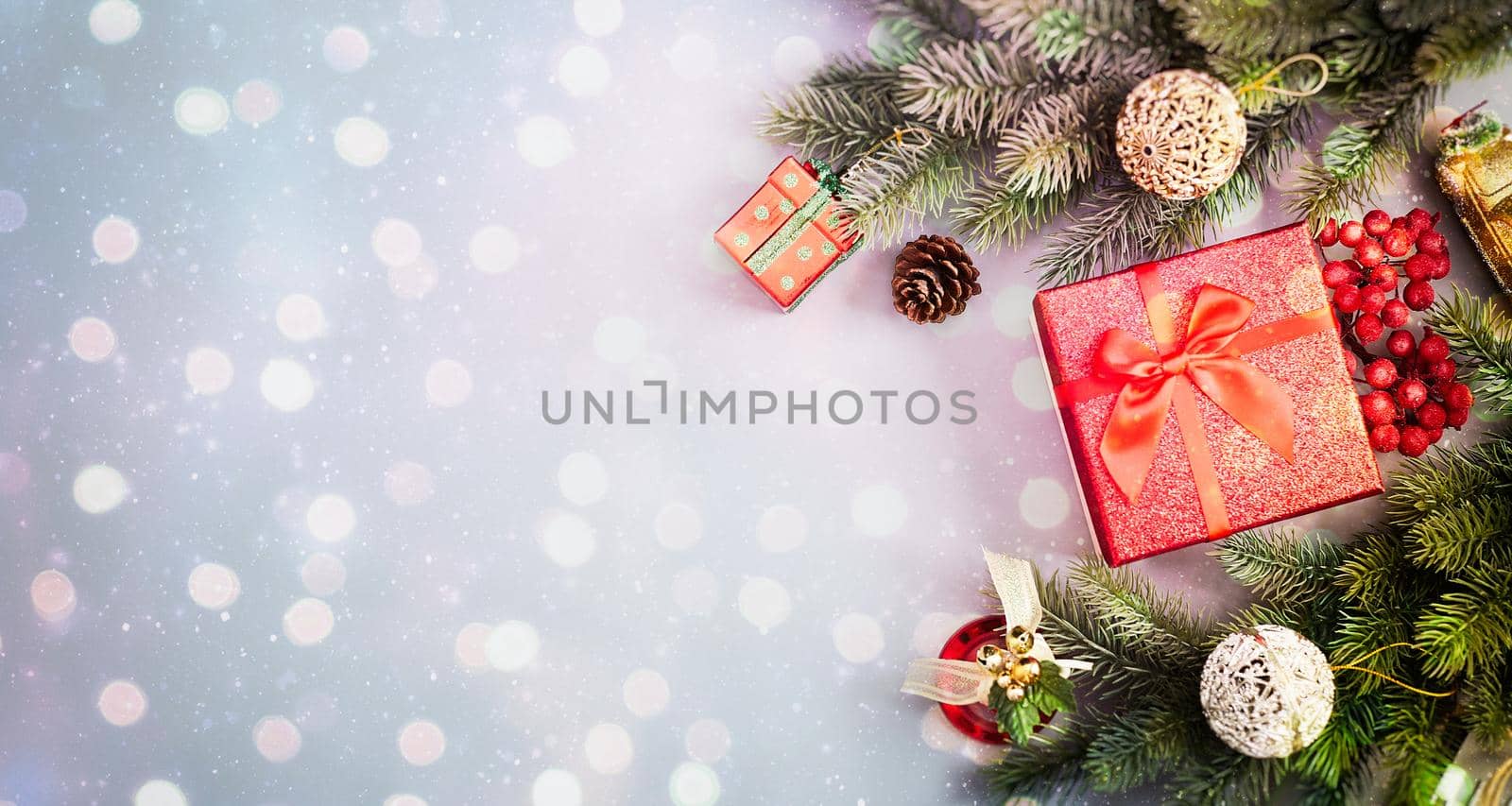 Christmas composition. Frame made of pine branches , Flat lay, top view, copy space by Maximusnd