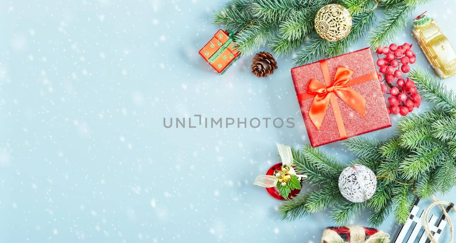 Christmas composition. Frame made of pine branches , Flat lay, top view, copy space