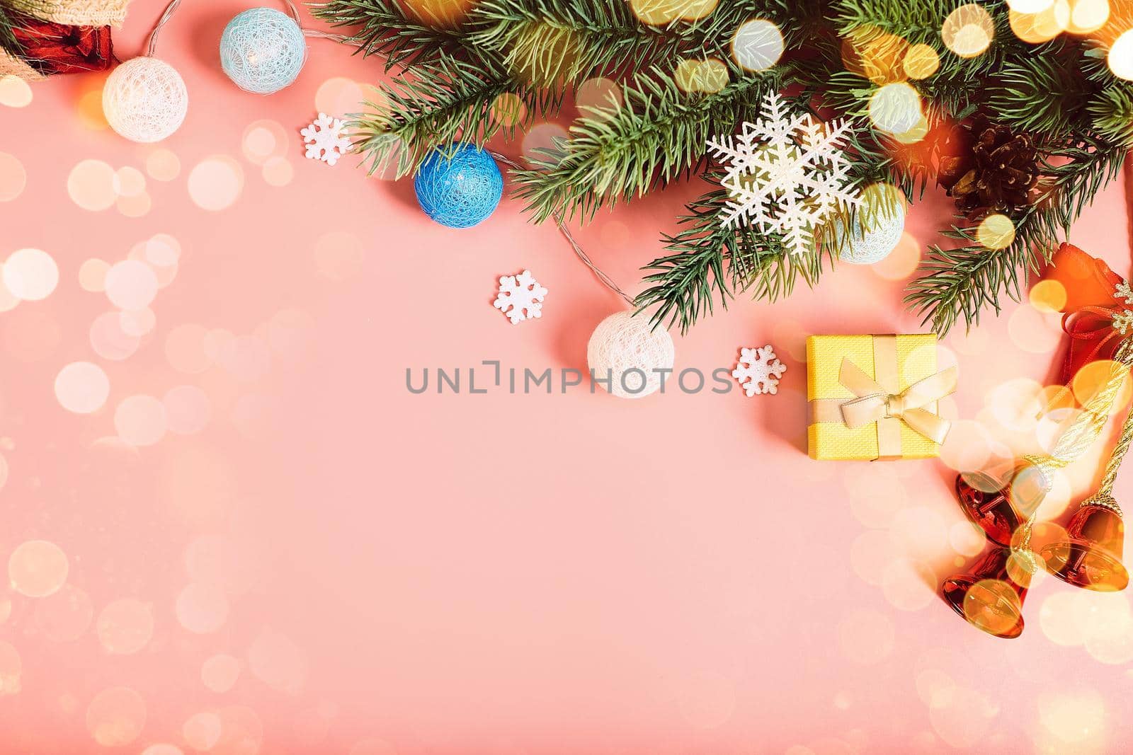 Christmas background with fir tree and decor. Top view with copy space ,  Christmas composition. by Maximusnd