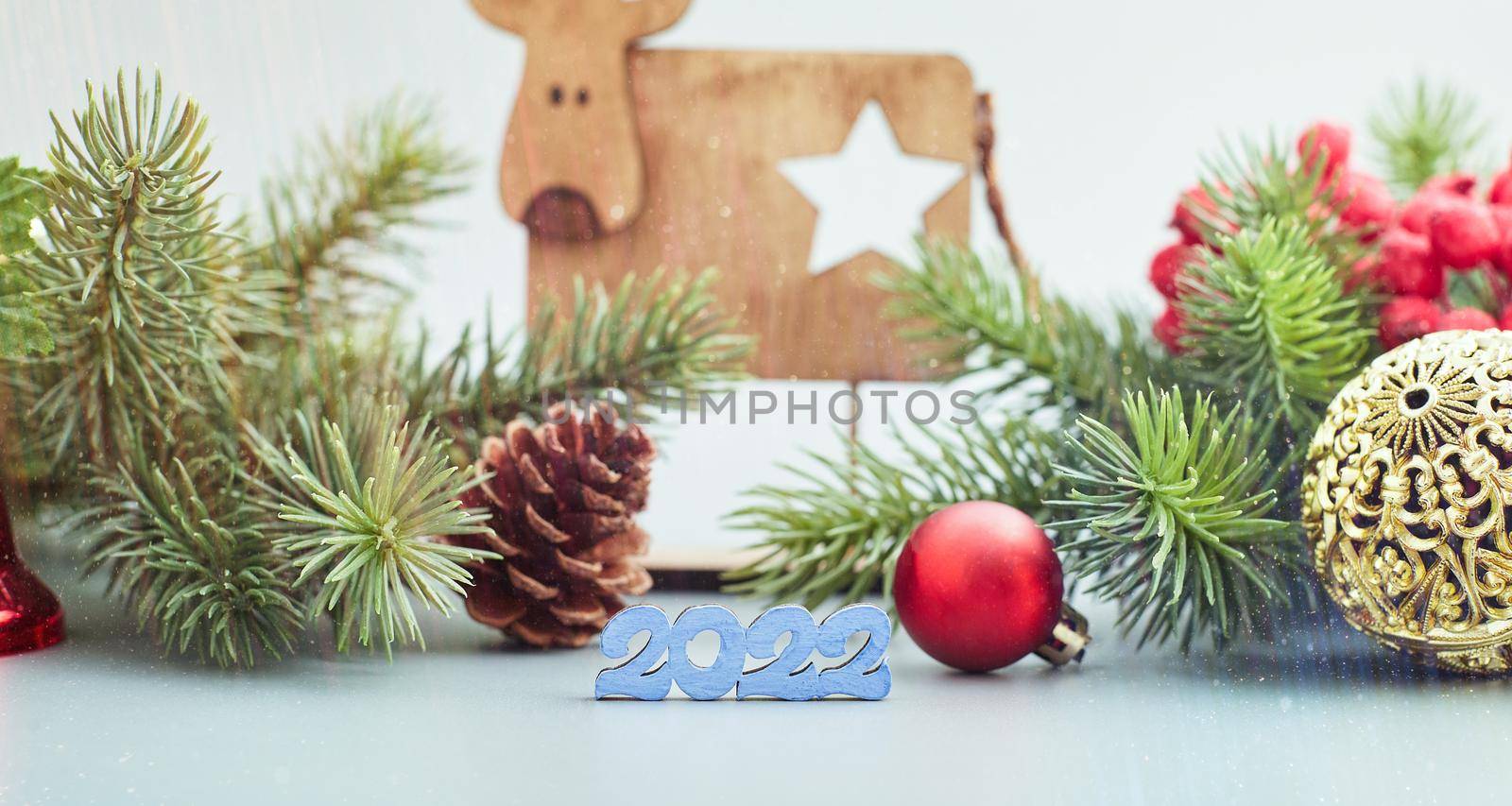 Christmas Decoration With Ornament And Defocused Lights . Abstract christmas lights on background. by Maximusnd