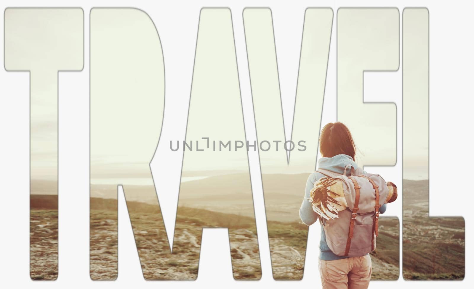 Double exposure image of young woman with backpack and word travel.