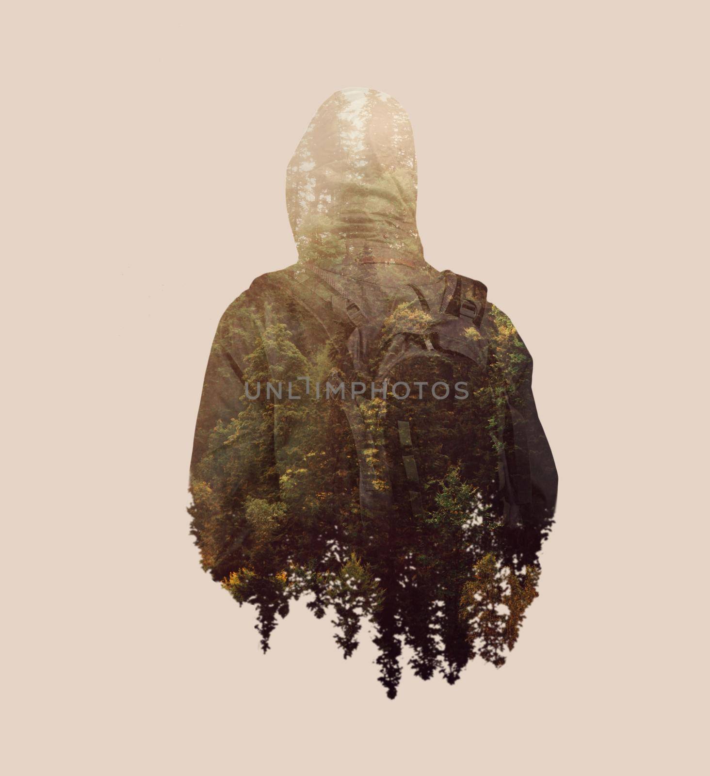 Double exposure image of male backpacker and pine tree forest.