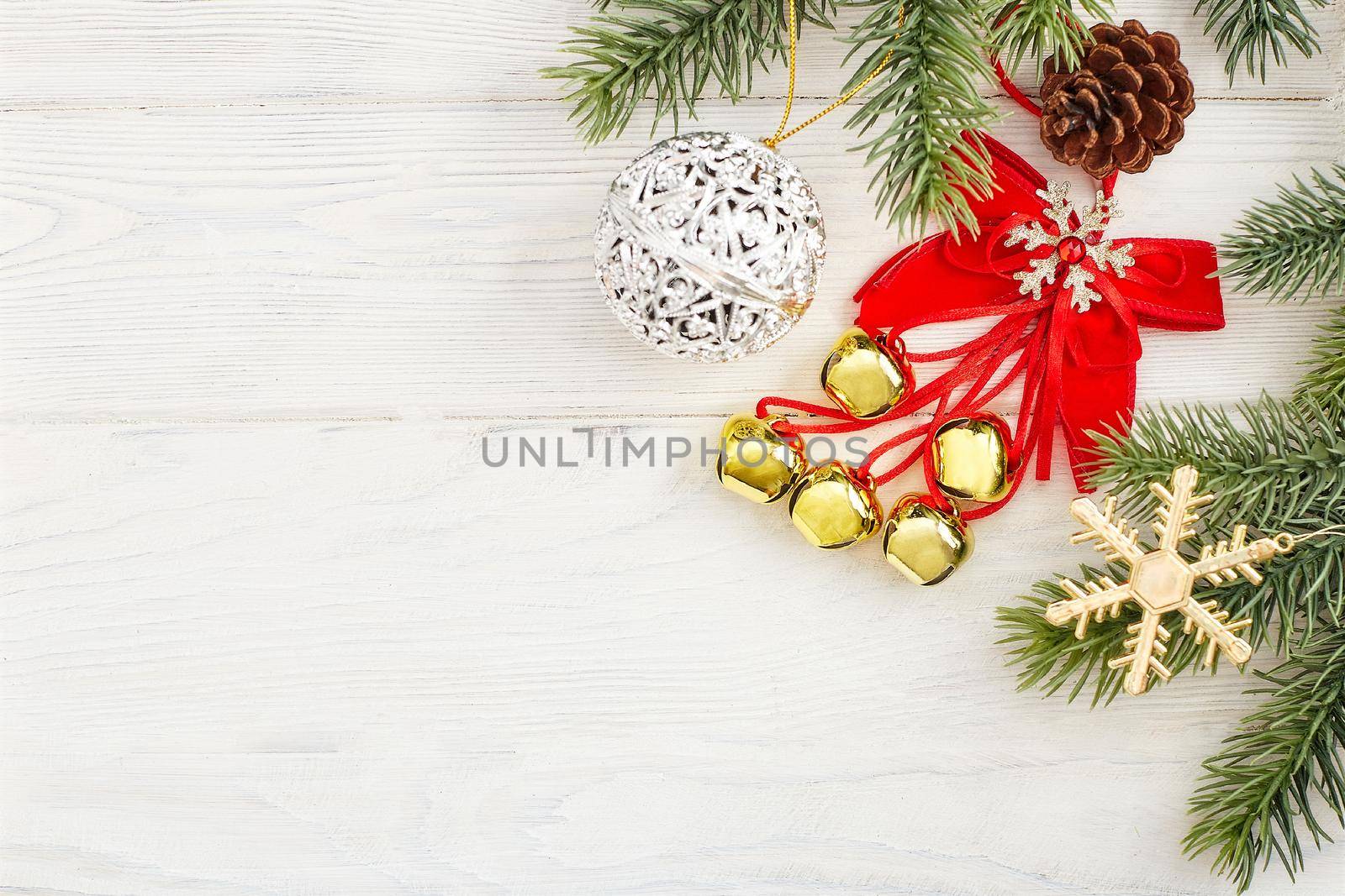 christmas or New Year  wooden background, Xmas black board framed with season decorations, space for a text, view from above by Maximusnd