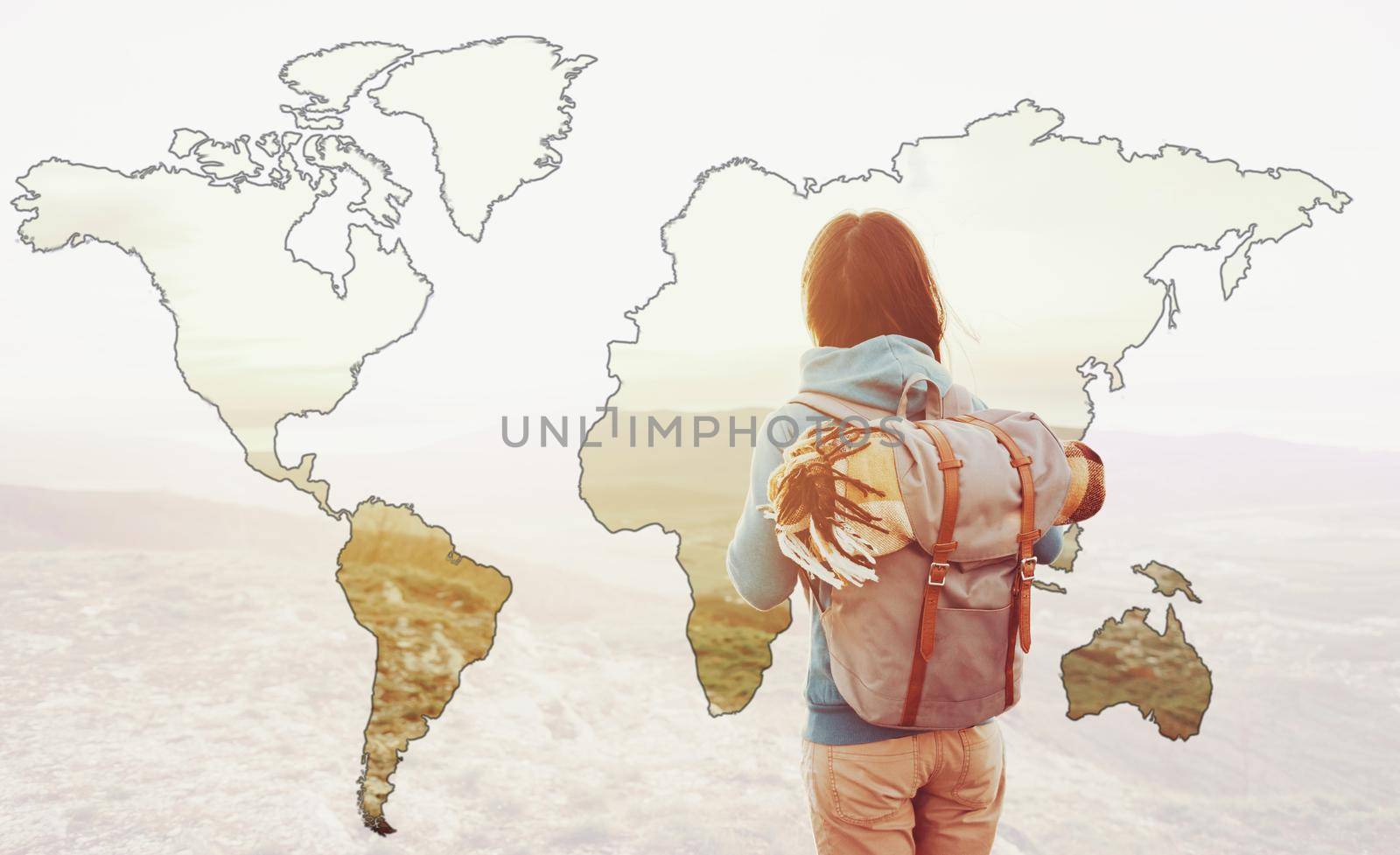 Double exposure image of traveler young woman with backpack and map of world.