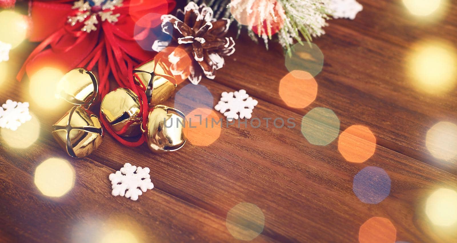 Festive Christmas greeting card with decorated fir tree and copy space for your xmas greetings. Top view flat lay by Maximusnd