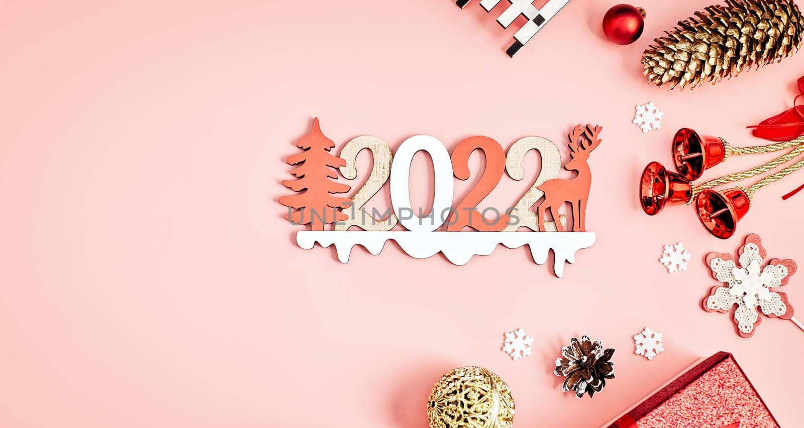 Happy New Year holiday concept. New Year decorations,  tree, snowflake, pine cone, gifts on  background. Holiday party greeting card mockup with copy space. Flat lay, top view, overhead. by Maximusnd