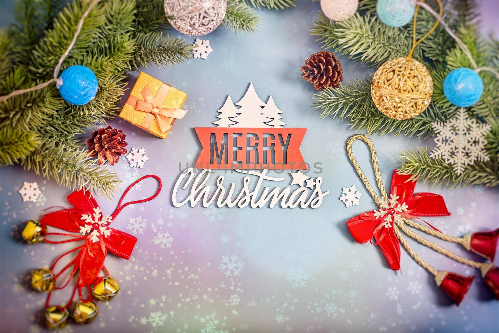 Christmas background with fir tree and decor. Top view with copy space ,  Christmas composition.