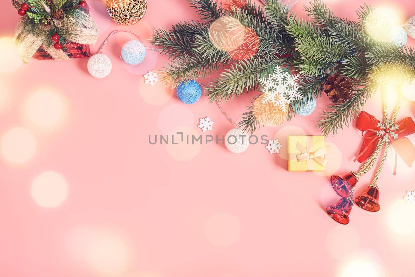 Christmas background with fir tree and decor. Top view with copy space ,  Christmas composition. by Maximusnd