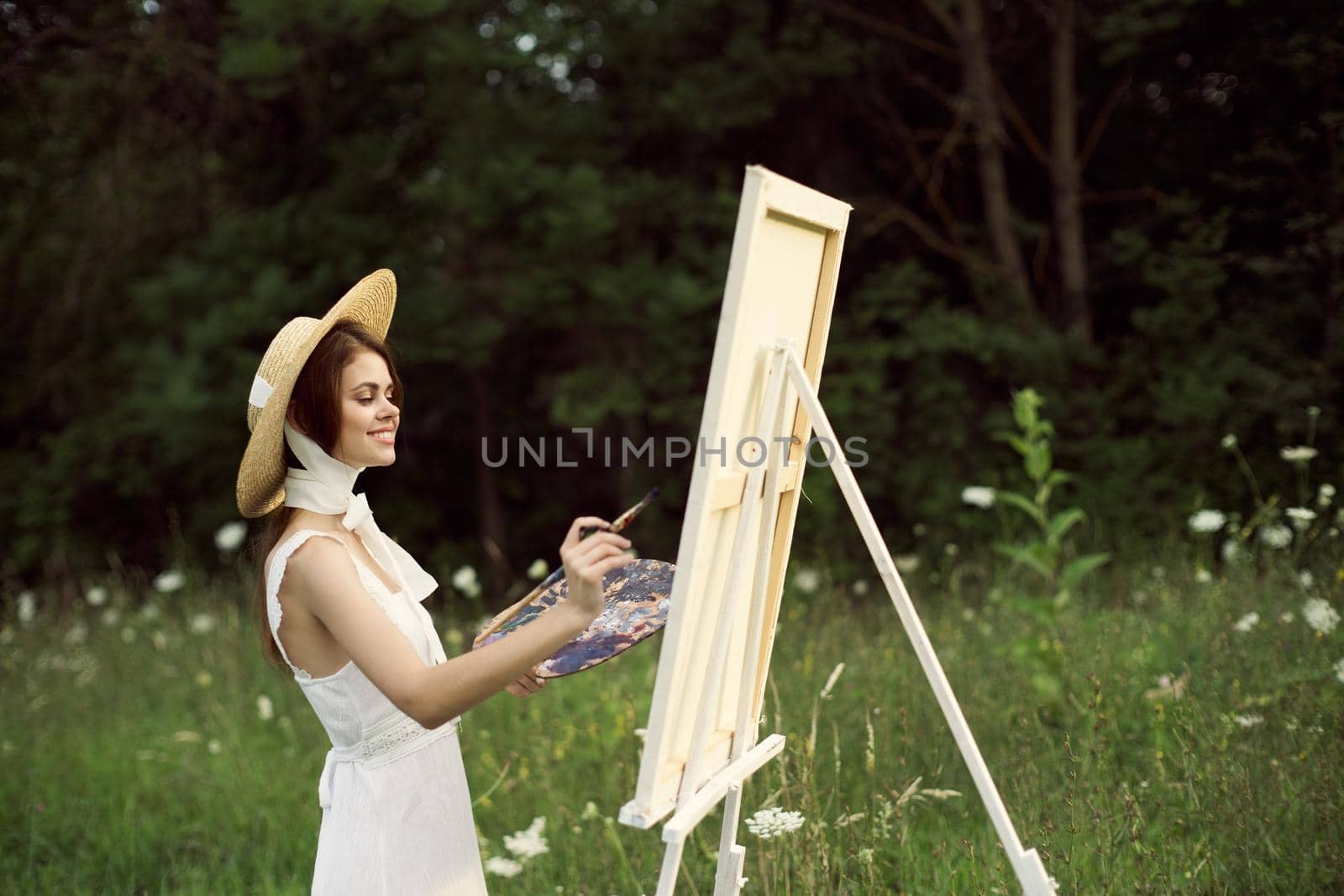 cheerful woman outdoors drawing art landscape hobby by Vichizh