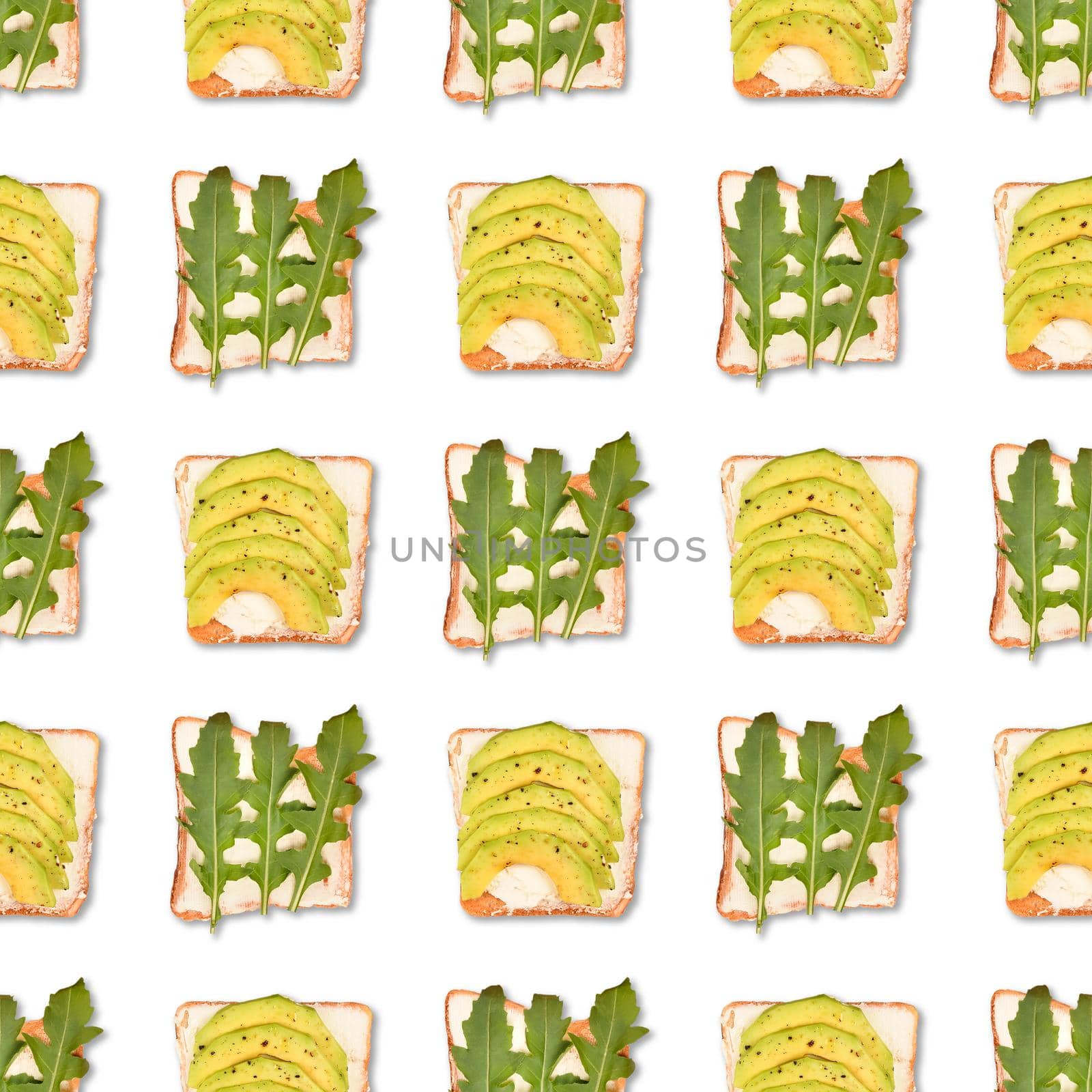 Sandwich or toast with toppings seamless pattern. Flat lay, top view. Pop art design, creative food concept.