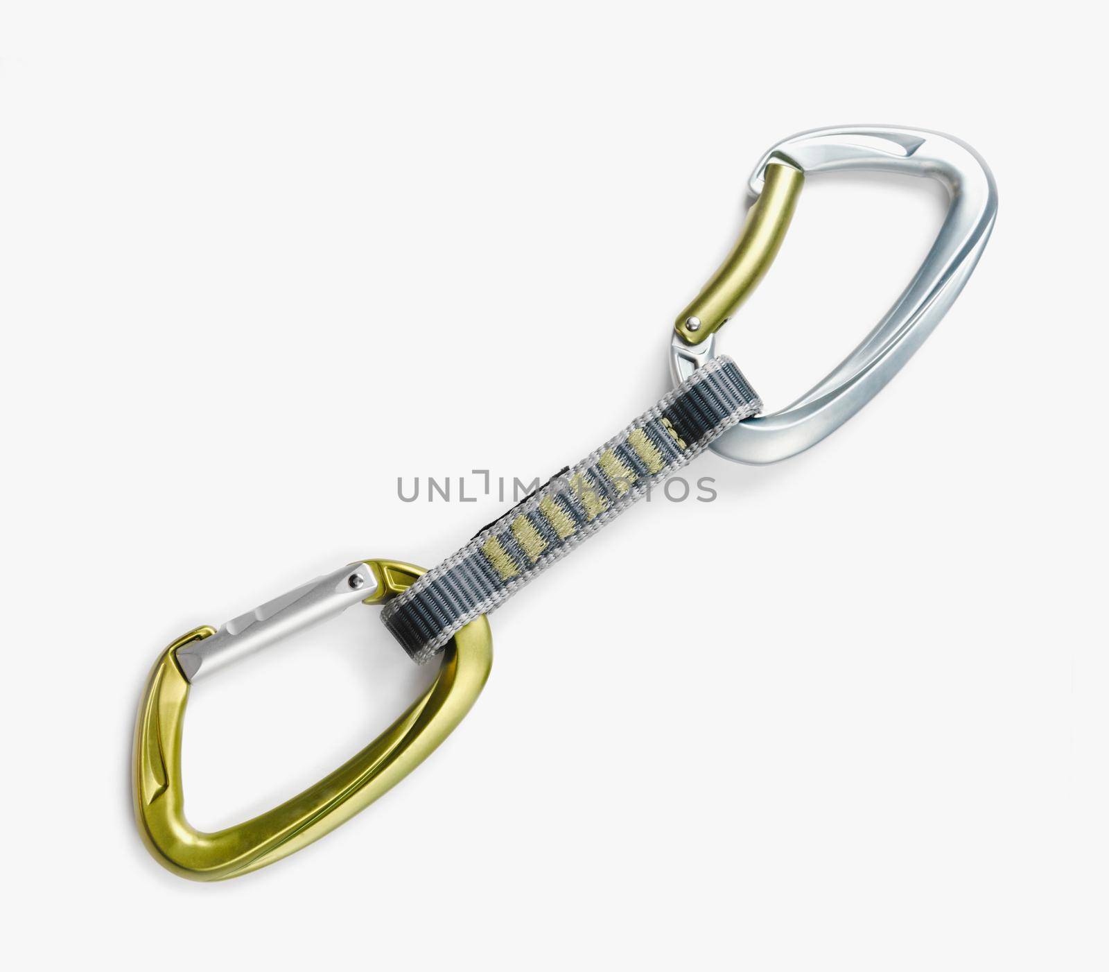 One climbing quickdraw isolated on a white background, top view.