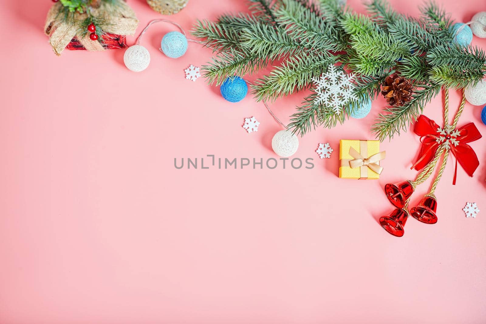 Christmas background with fir tree and decor. Top view with copy space ,  Christmas composition.