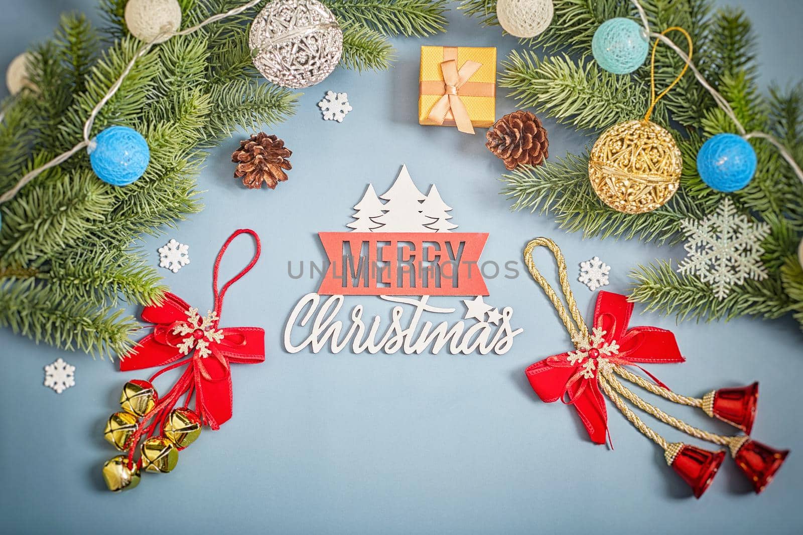 Christmas background with fir tree and decor. Top view with copy space ,  Christmas composition.