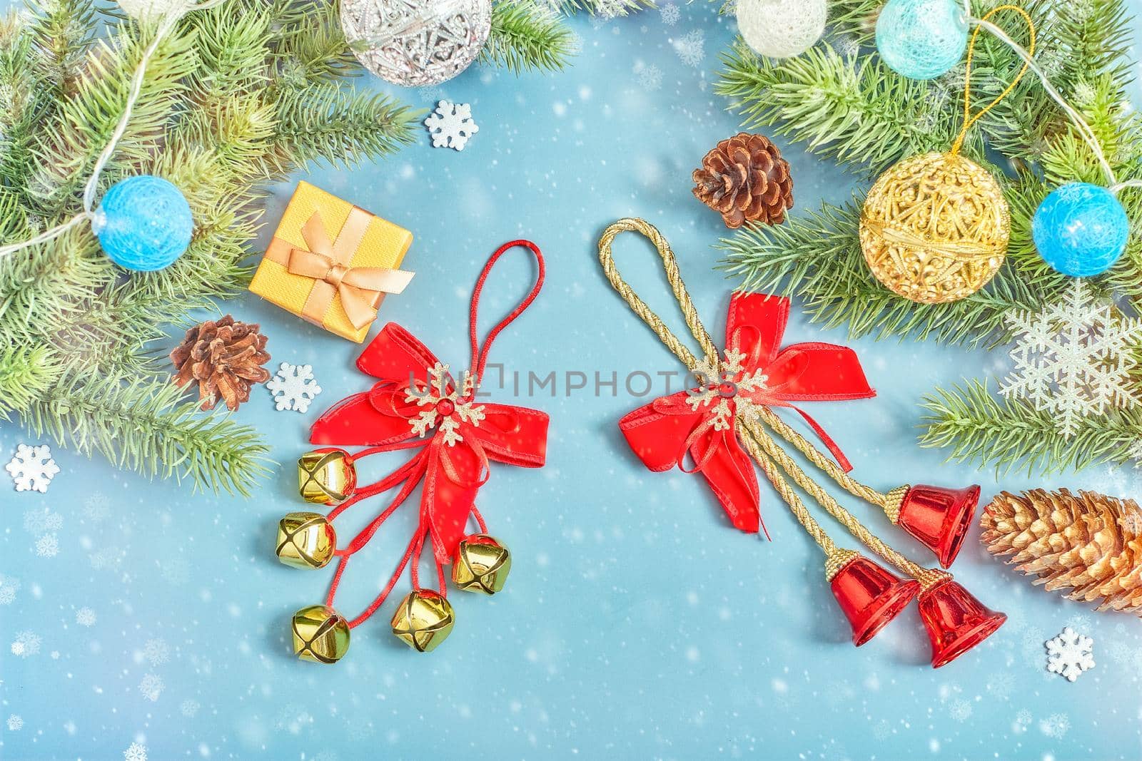 Christmas background with fir tree and decor. Top view with copy space ,  Christmas composition. by Maximusnd