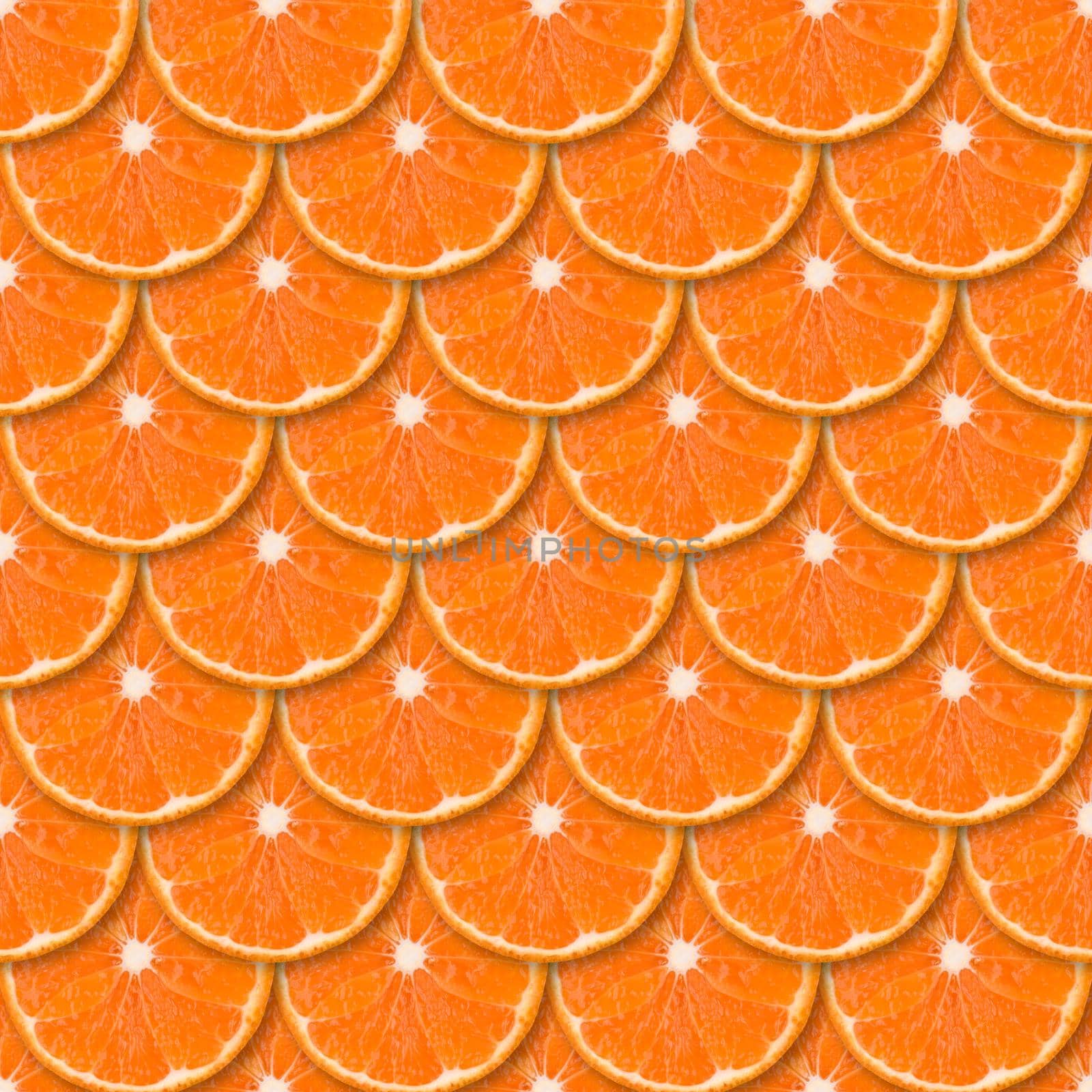 Fresh orange tangerine slices seamless pattern. Close up of citrus fruit background. Studio photography.
