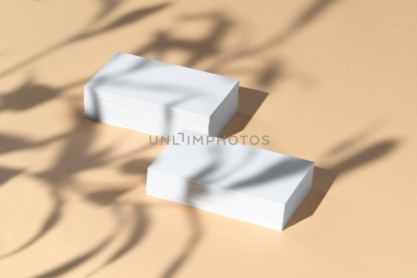Creative photo with floral shadow of white businesscard on beige background, copy space