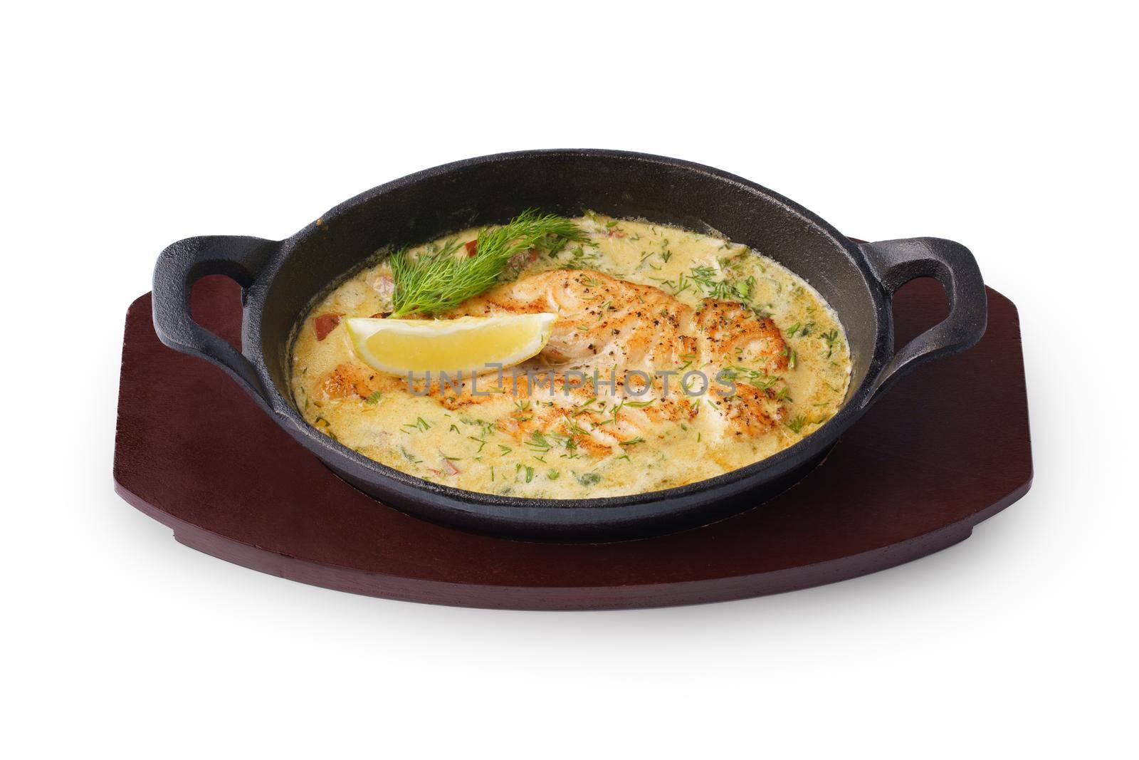 Fish fillet cooked in cream sauce isolated on white background
