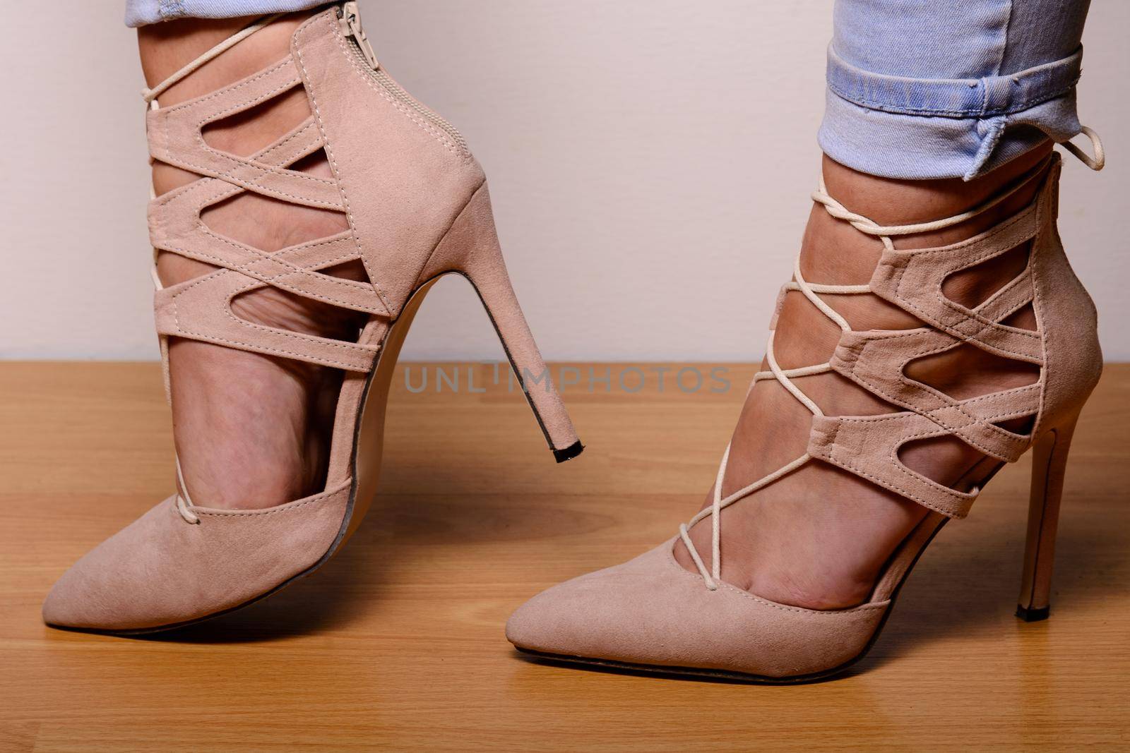 Light brown suede high-heeled shoes dressed in the girl by zartarn