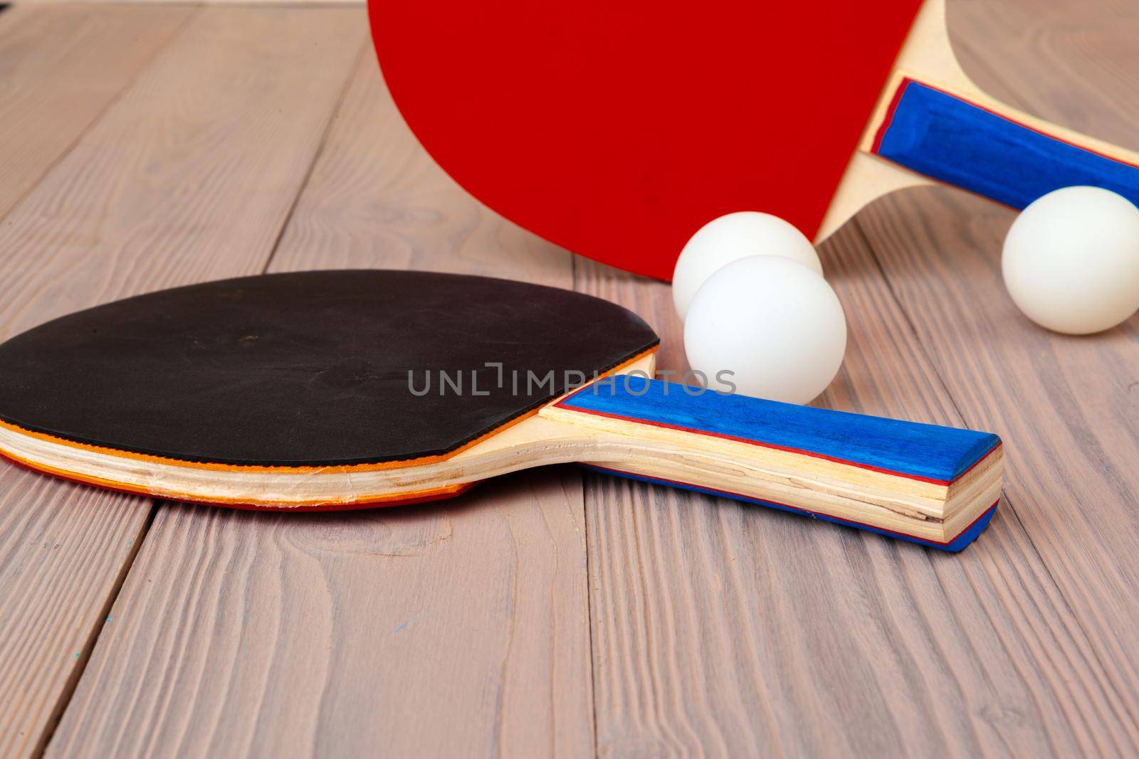 Ping pong equipment on wooden table