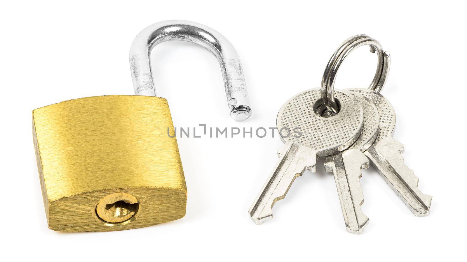 Open yellow padlock and the keys isolated on white background with clipping path