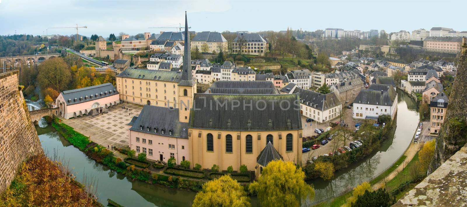 Autumn panorama of Abbey de Neumunster in Luxembourg City