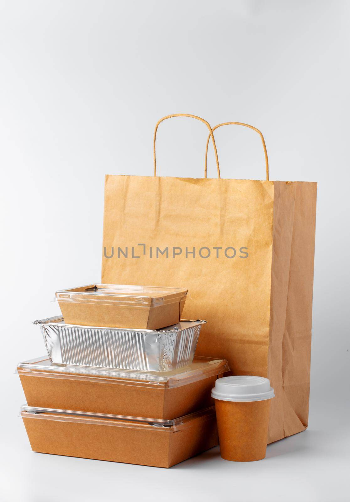 Set of recyclable food packaging on white background close up