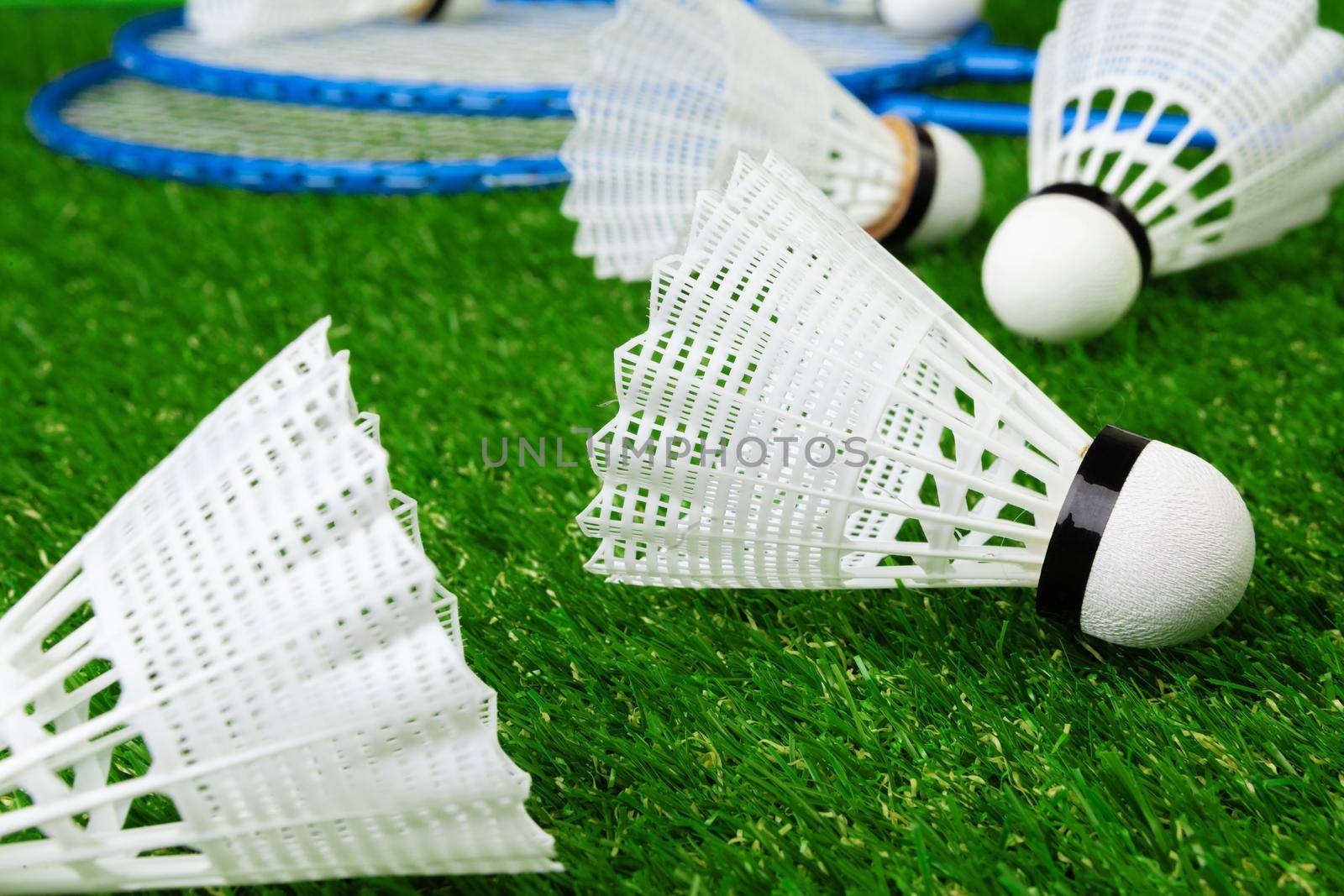 Badminton game rackets and shuttlecock on grass. Close up.