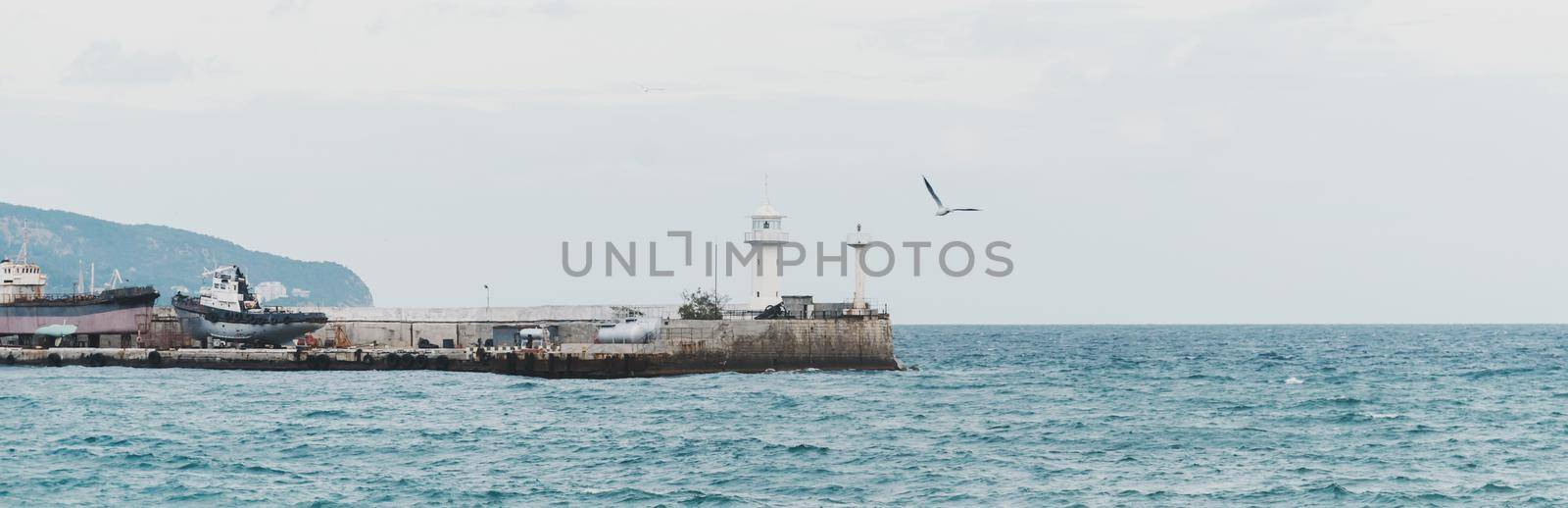 Seagull flying over lighthouse on coast in the sea.