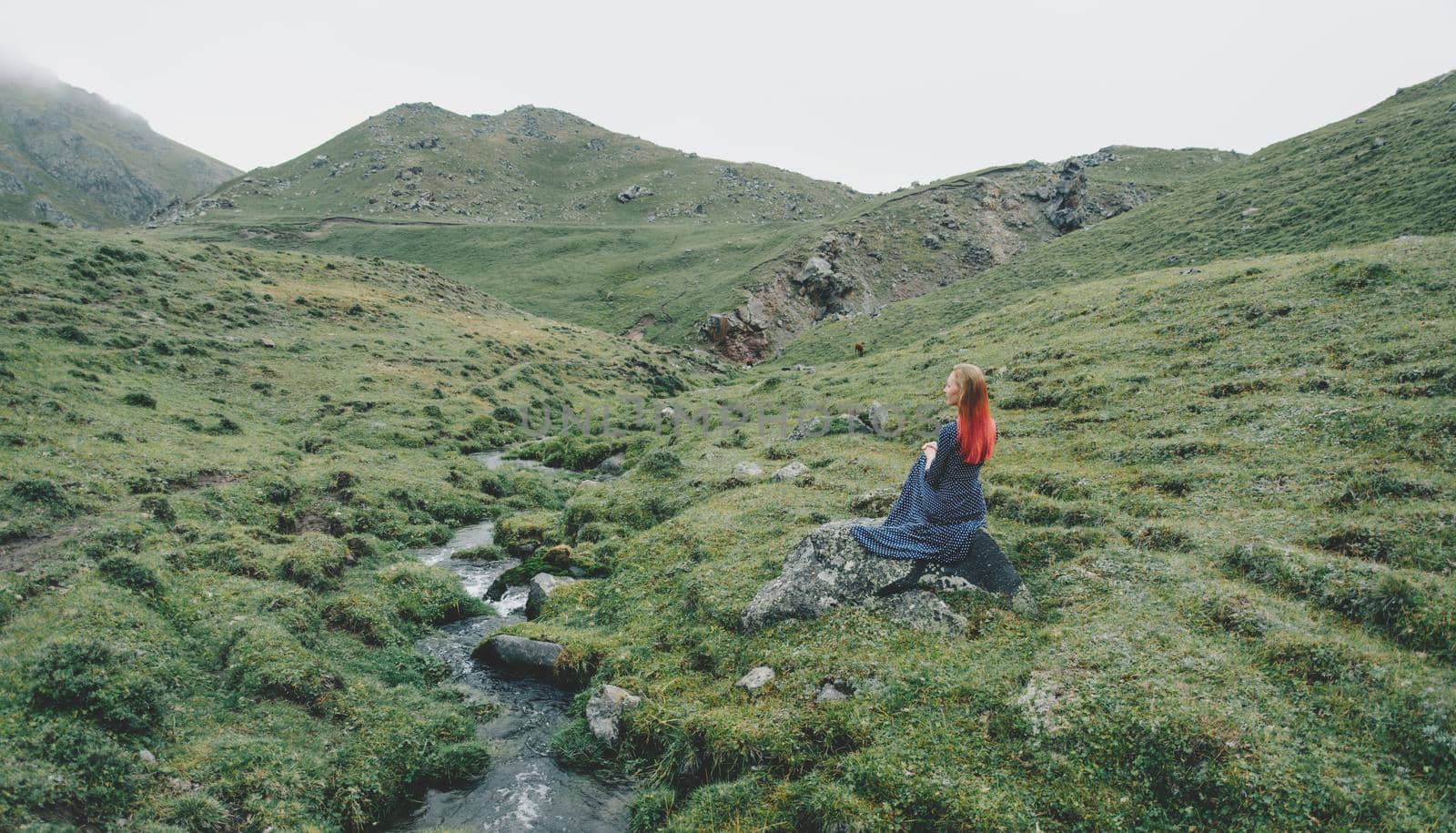 Beautiful young woman in dress sitting on summer meadow near the stream.