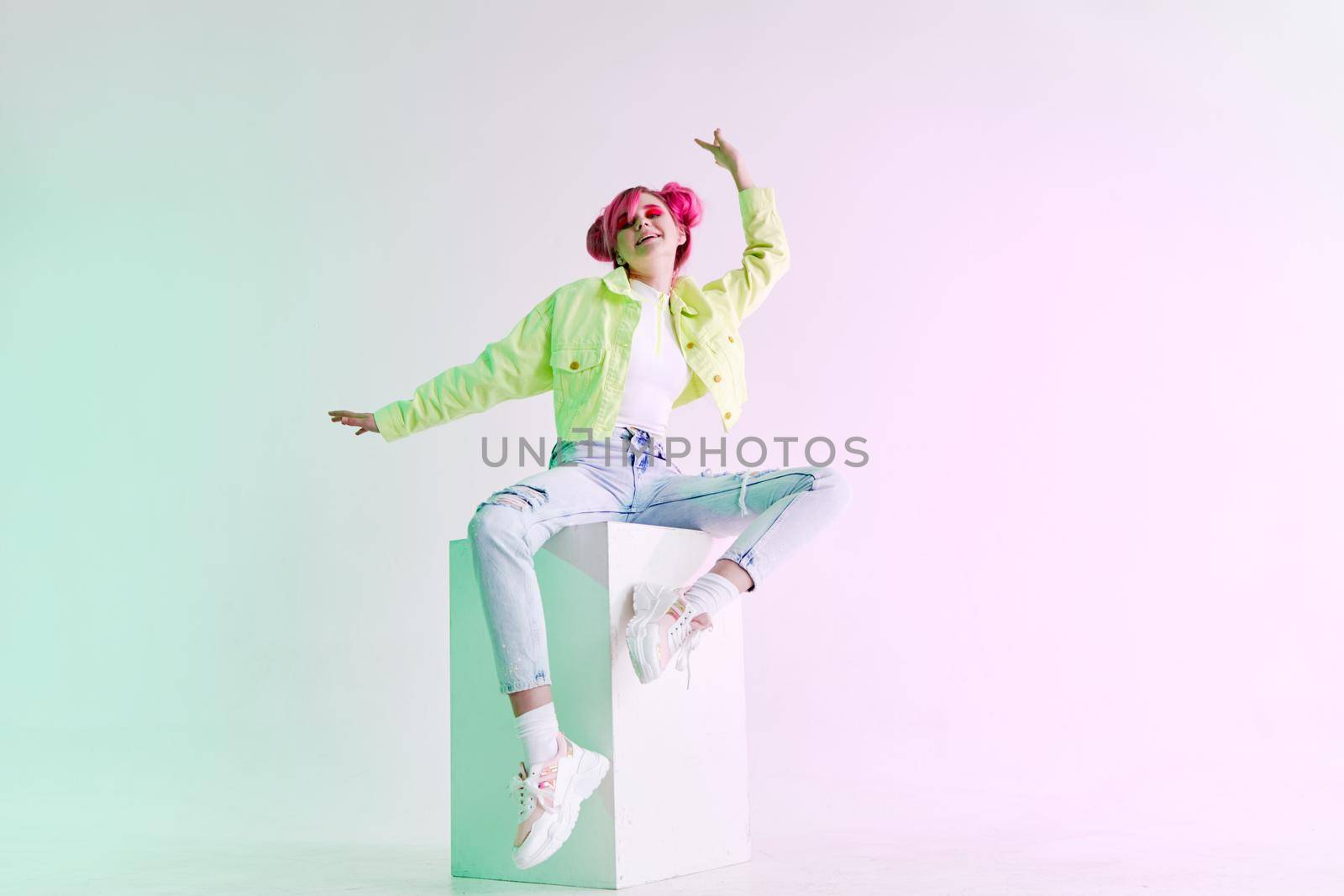 hipster woman green jacket fashionable clothes Acid style design. High quality photo
