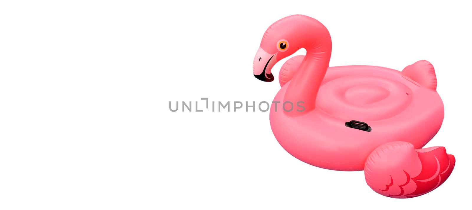 Swimming pool toy in shape of pink flamingo isolated on white by esvetleishaya