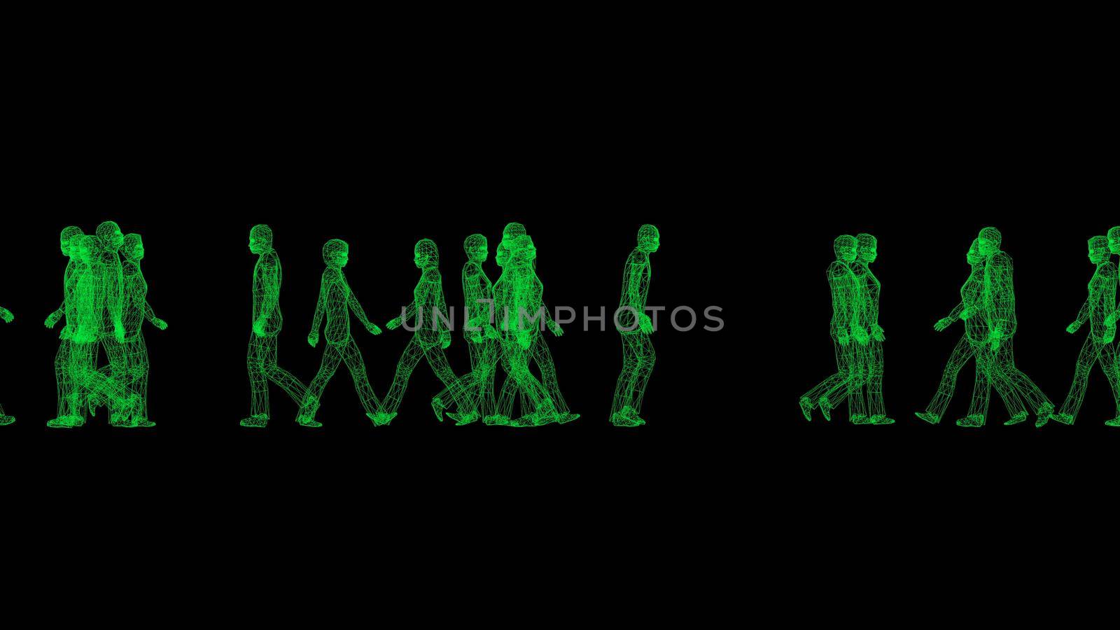 Green wire people Binary code crowd man and woman walk on black back 3d render by Zozulinskyi