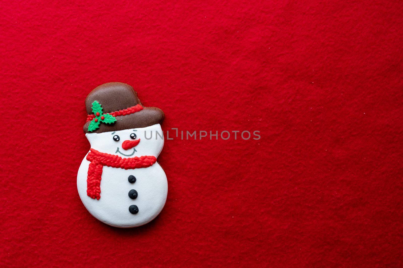 Christmas decoration mock up or flatlay with snowman over red background. Eco natural frame. winter, New Year Holidays concept as top view, copyspace. greeting card template.