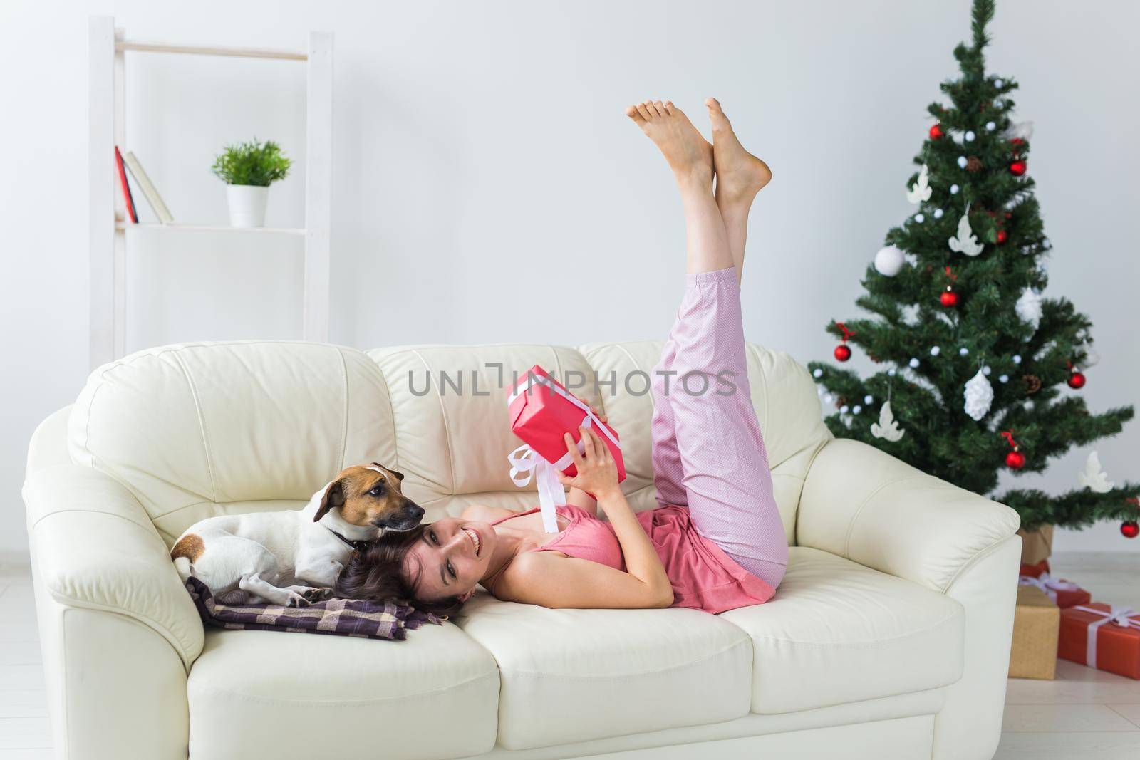 Happy young woman with lovely dog in living room with christmas tree. Holidays concept. by Satura86