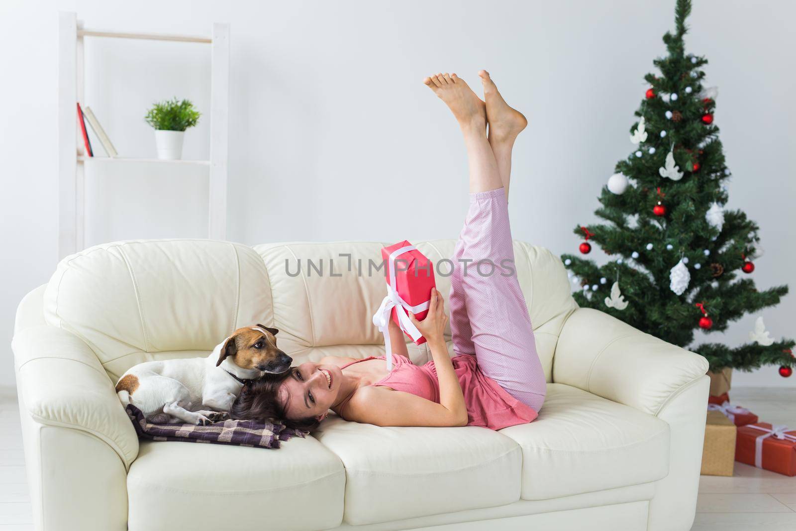 Happy woman with dog. Christmas tree with presents under it. Decorated living room.