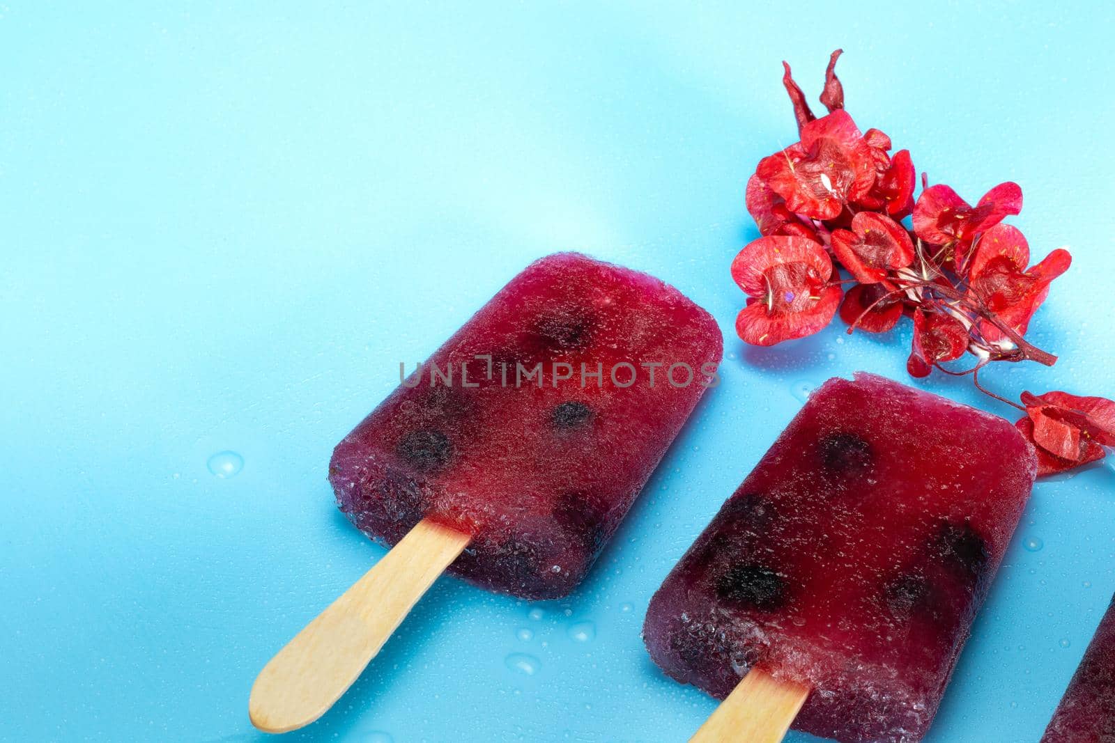 Homemade healthy blueberry ice popsicle on fresh blue background, summer design with copy space colorful bright colors beauty