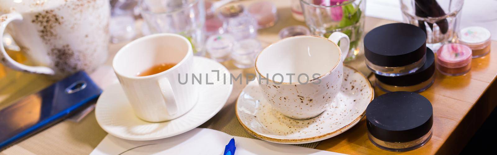Two tea cup on table. Breakfast and Five O'Clock Tea. Tea time. by Satura86