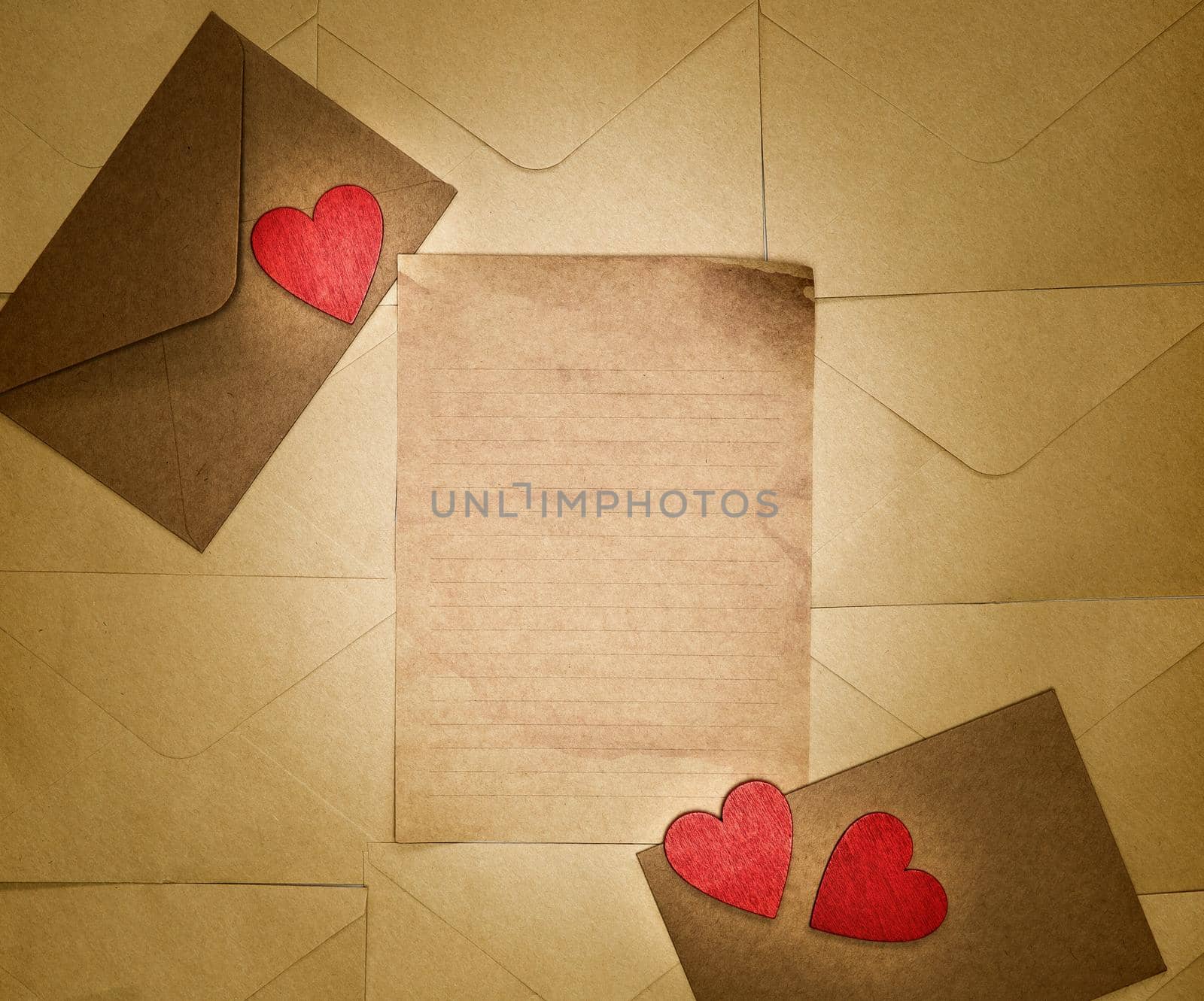 Love letter with red Hearts and Vintage antique paper with Copy space top view, romantic, Valentines day, love concept background by Annebel146