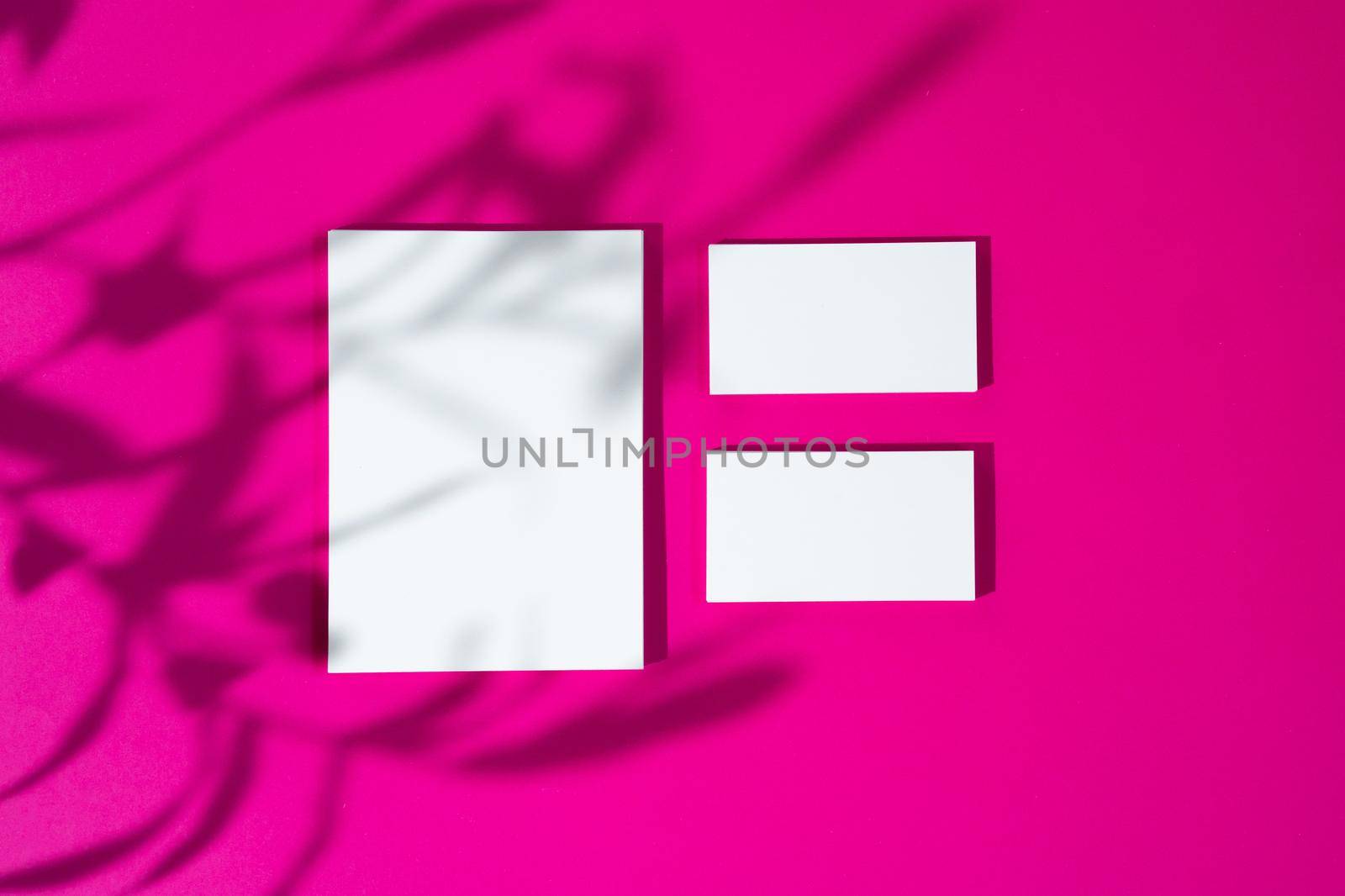 Advertising mock-up. White blank businesscards on bright pink background. copy space