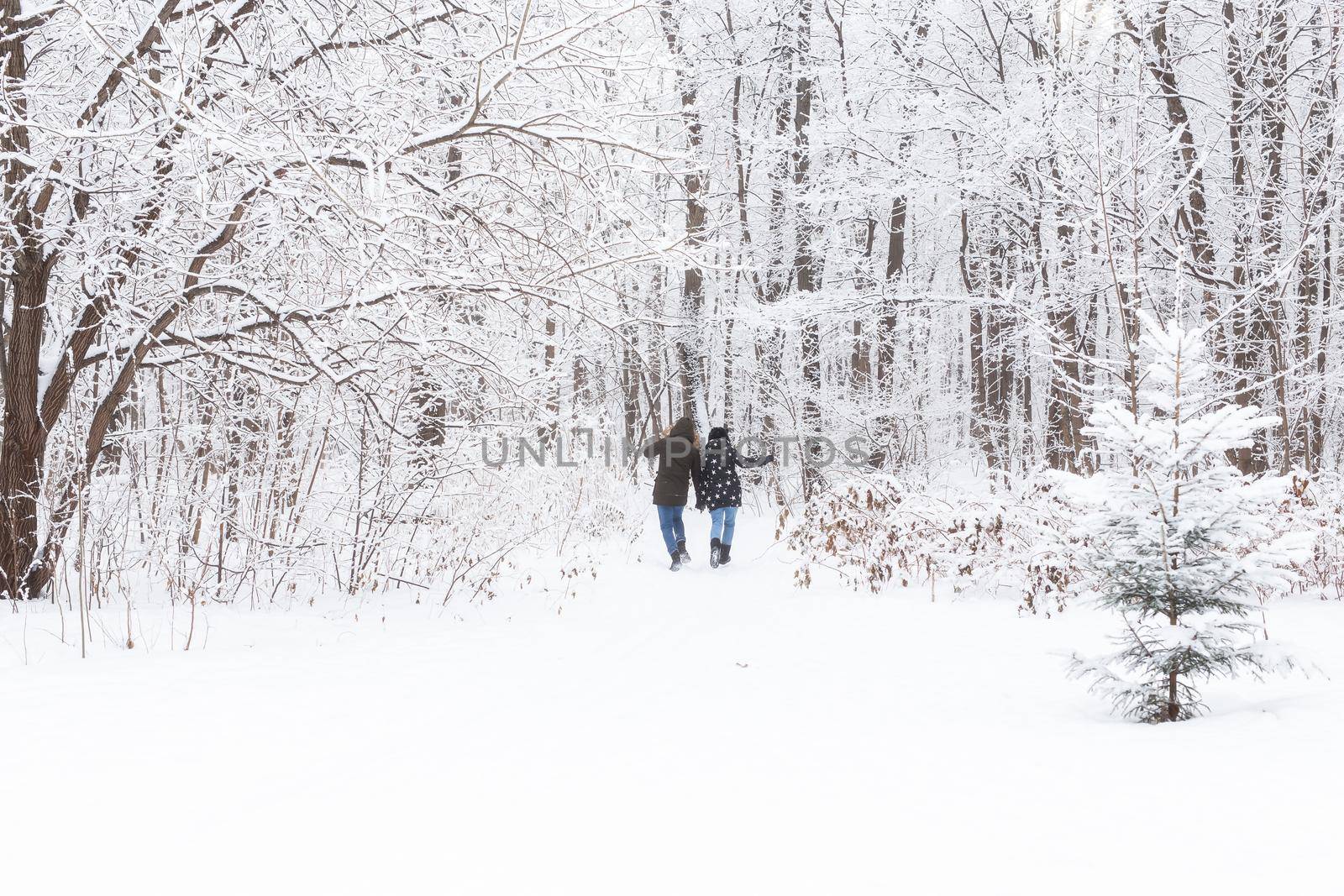 A young and beautiful couple is having fun in the park, running and holding hands. Valentine's Day and love story concept. Winter season.