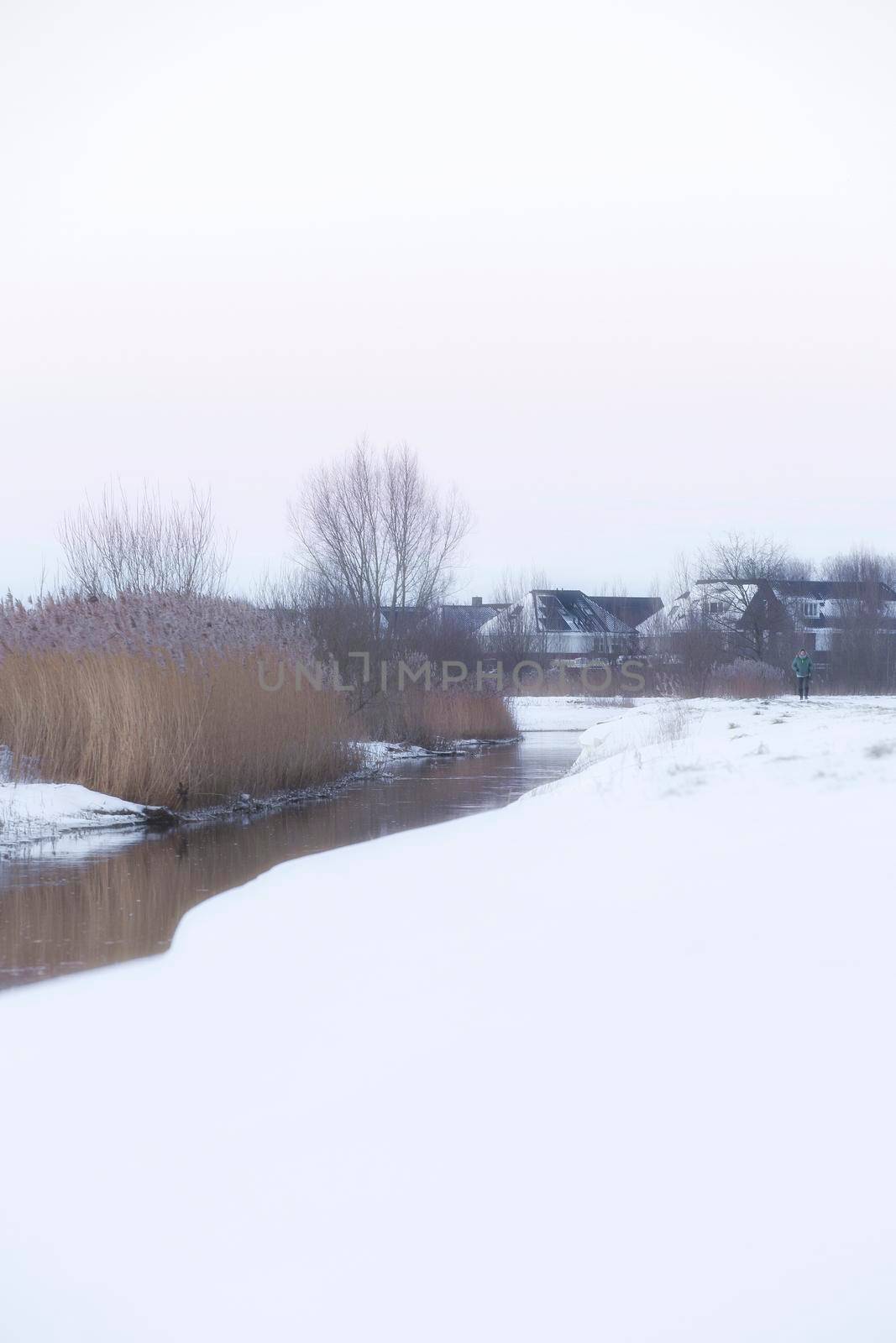 Beautiful winter landscape at sunset with fog and snow covering farmland and river in the Netherlands beautiful colors in nature winter