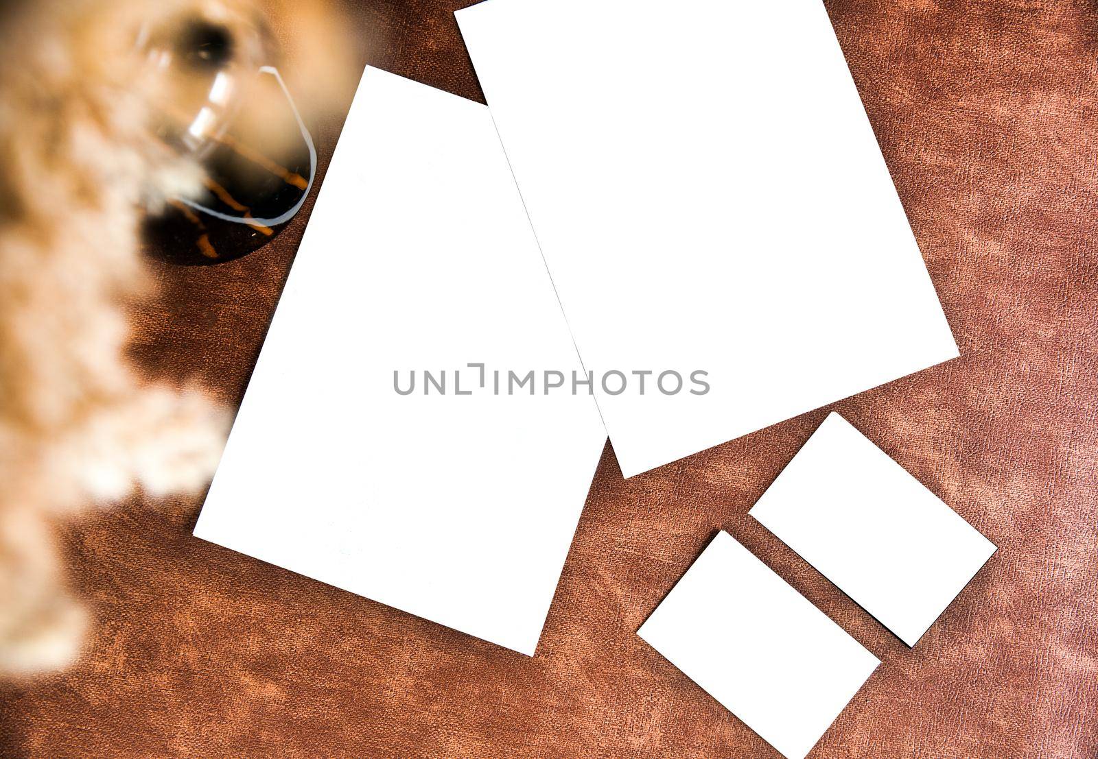 Business card and Flyer empty and blank for your design copy space on brown leather background texture, Modern style with pampas grass by Annebel146