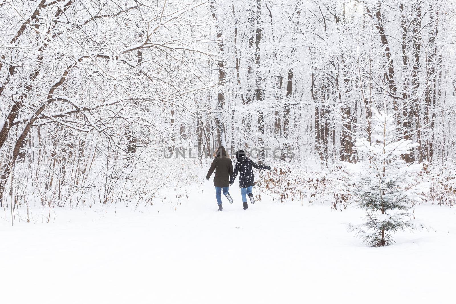 A young and beautiful couple is having fun in the park, running and holding hands. Valentine's Day and love story concept. Winter season.