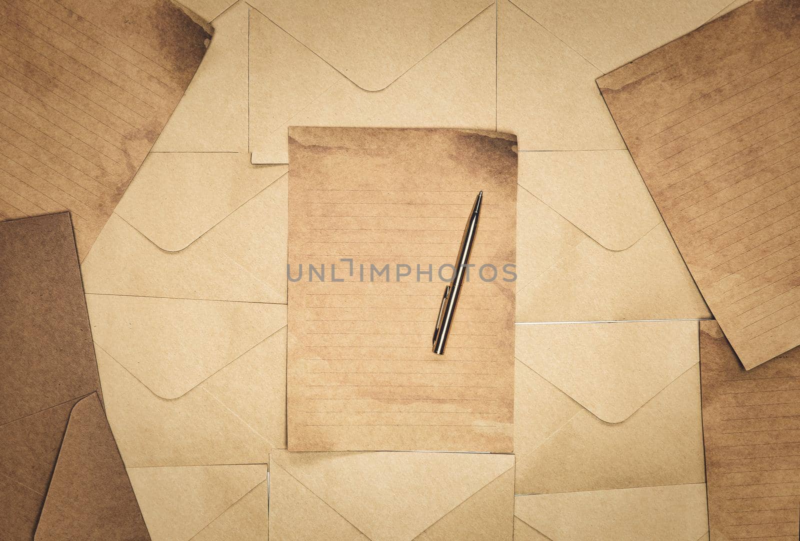 Vintage old brown envelope and paper background texture top view, Flat lay copy space, business, education, antique, rustic concept retro design space for text